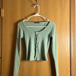 Brandy Melville Sage Green Long Sleeve Button Up Crop Top